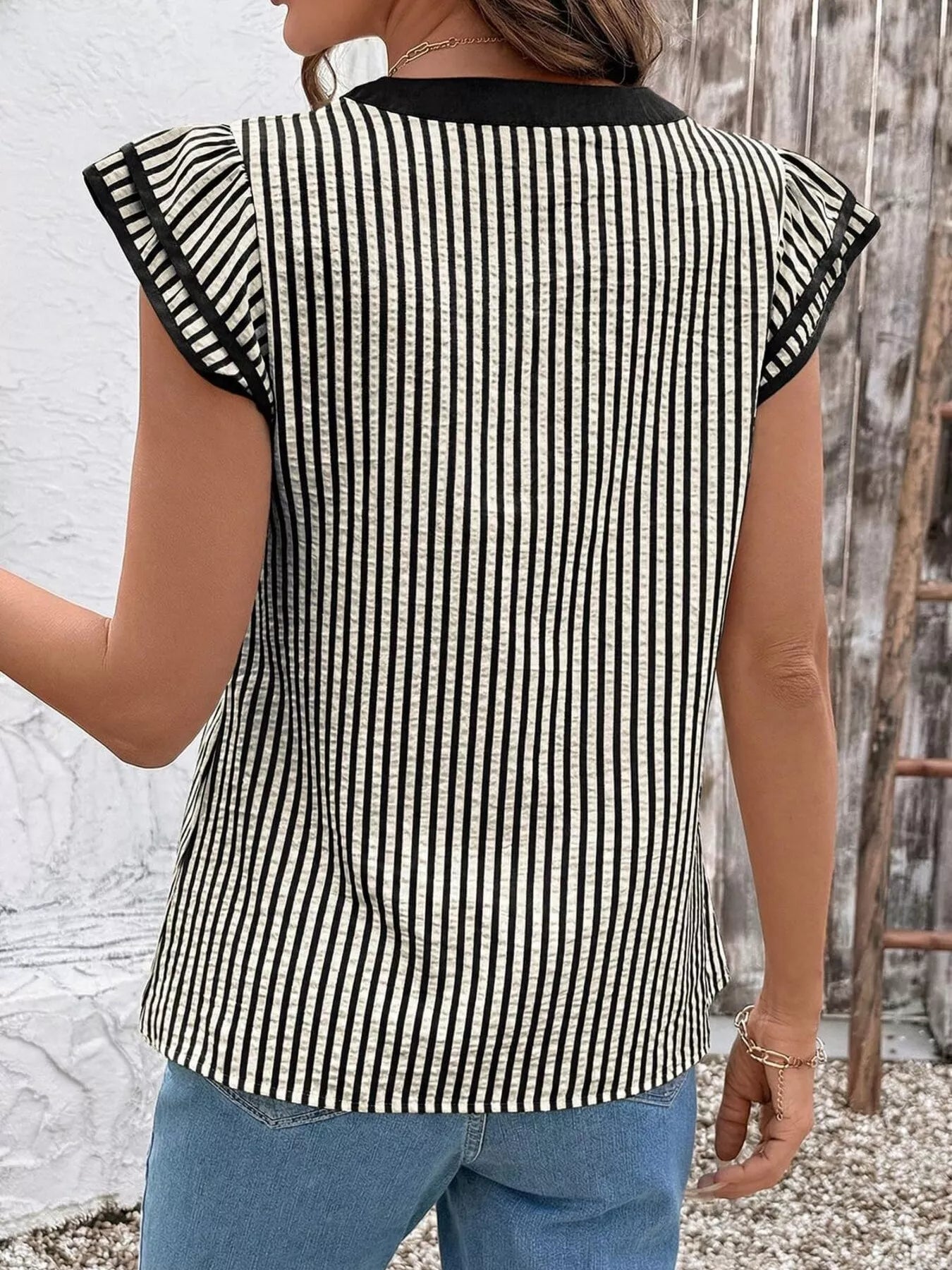 Striped Ruffle Sleeve Blouse, black-and-white vertical stripes, back view