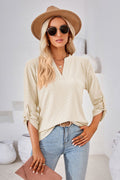 Ivory V-neck blouse with roll-tap sleeves, relaxed fit