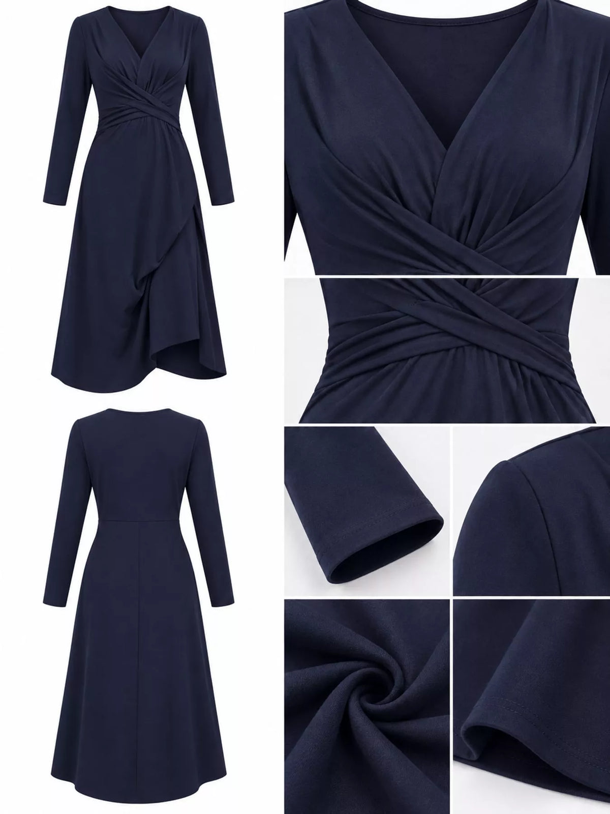 Navy blue ruched front midi dress with wrap V neckline and elastic waist detail.