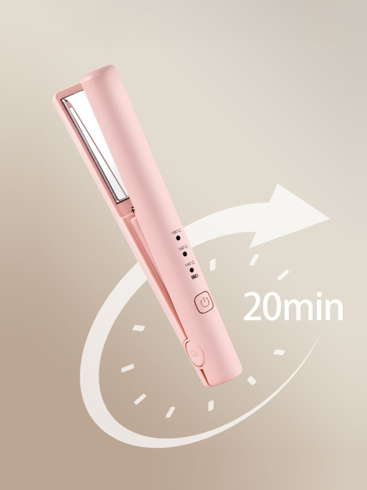 Pink cordless rechargeable mini hair straightener with 20min heat graphic