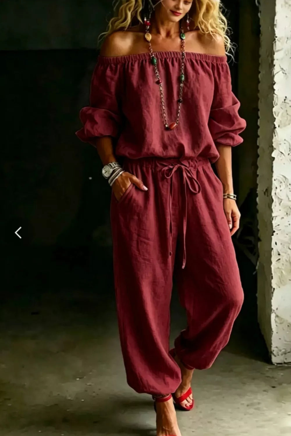 Burgundy off-shoulder top and matching drawstring pants set with puff sleeves