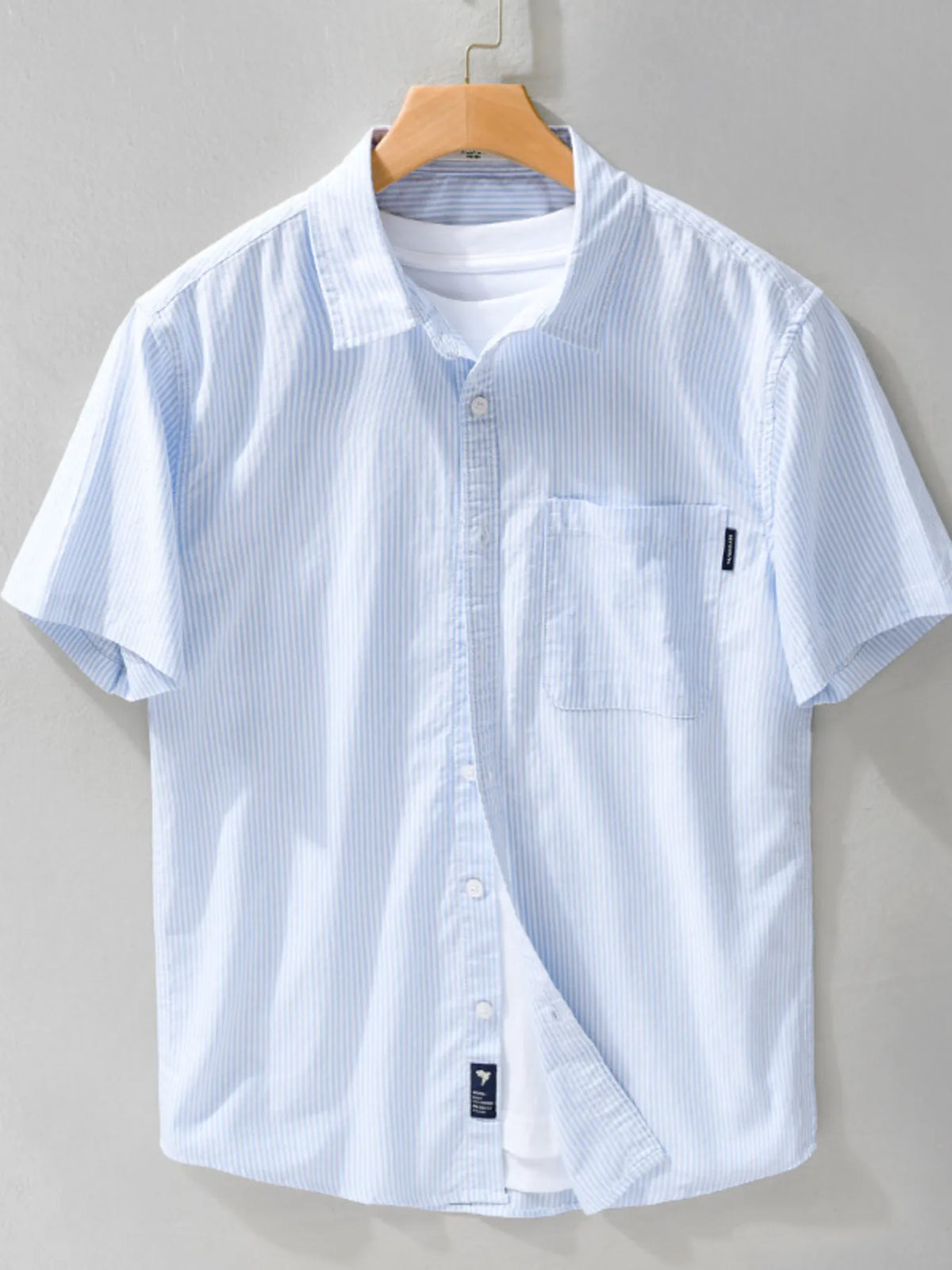 Men's striped short-sleeve button shirt, light blue and white