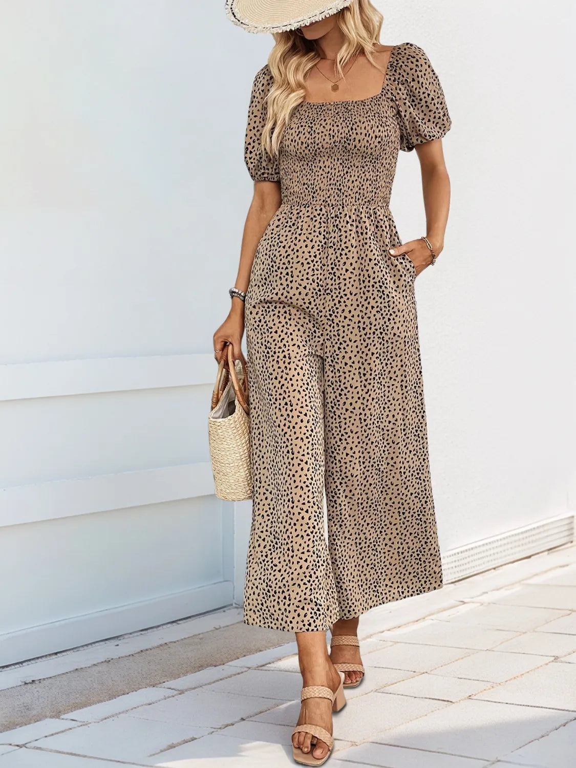 Tan speckle printed square-neck puff-sleeve jumpsuit, tiered bodice, wide cropped legs