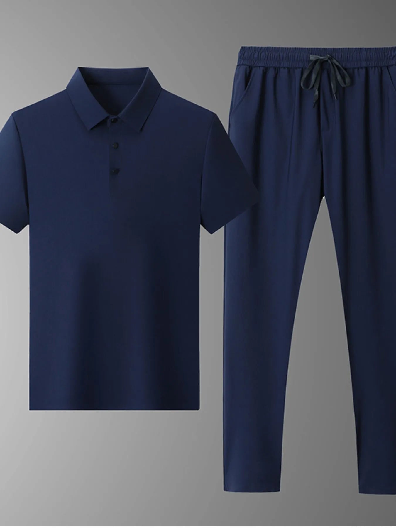 Men's navy polo shirt and drawstring pants set, short sleeves, button placket
