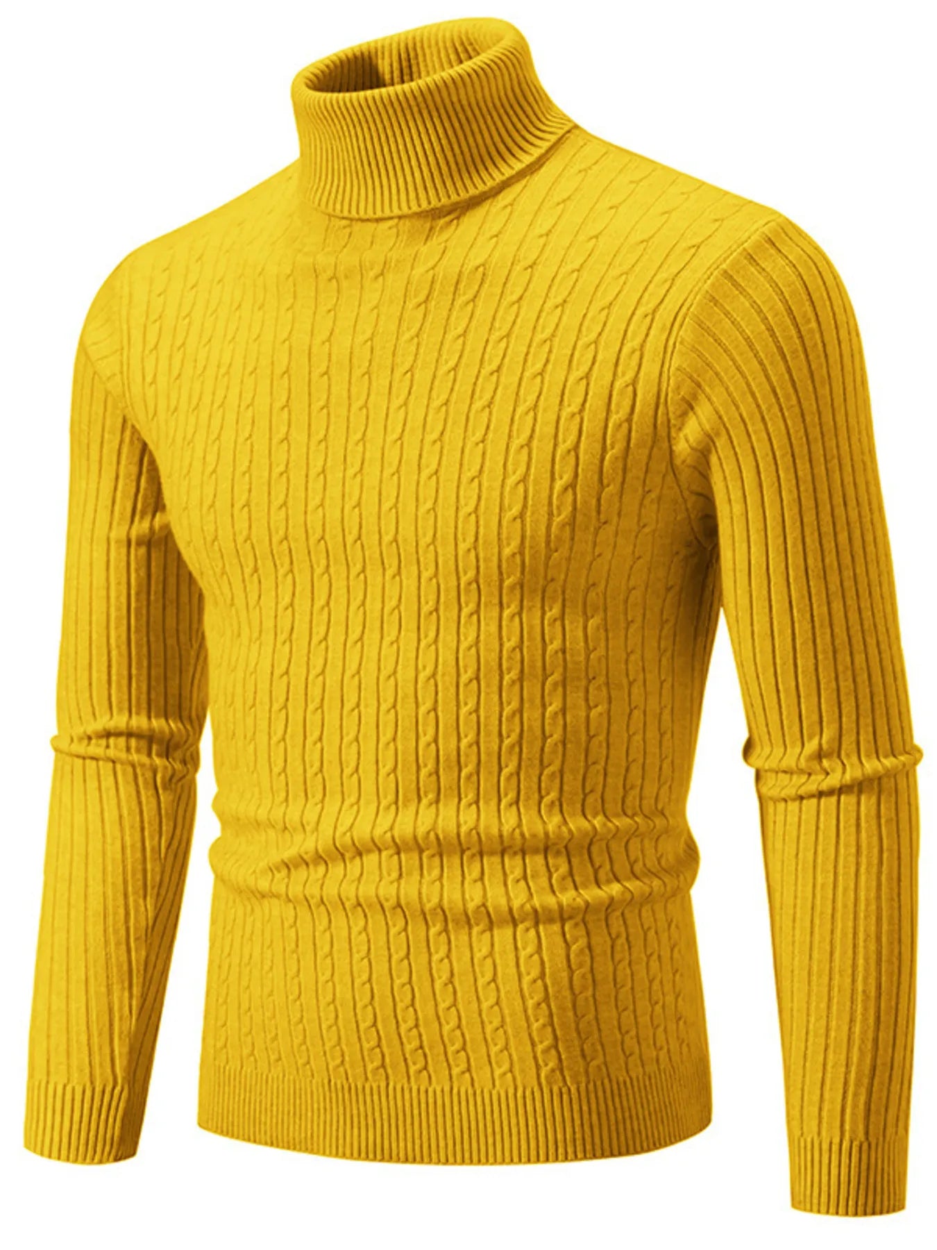 Men's plus size ribbed turtleneck sweater in yellow, long sleeves, ribbed knit texture.