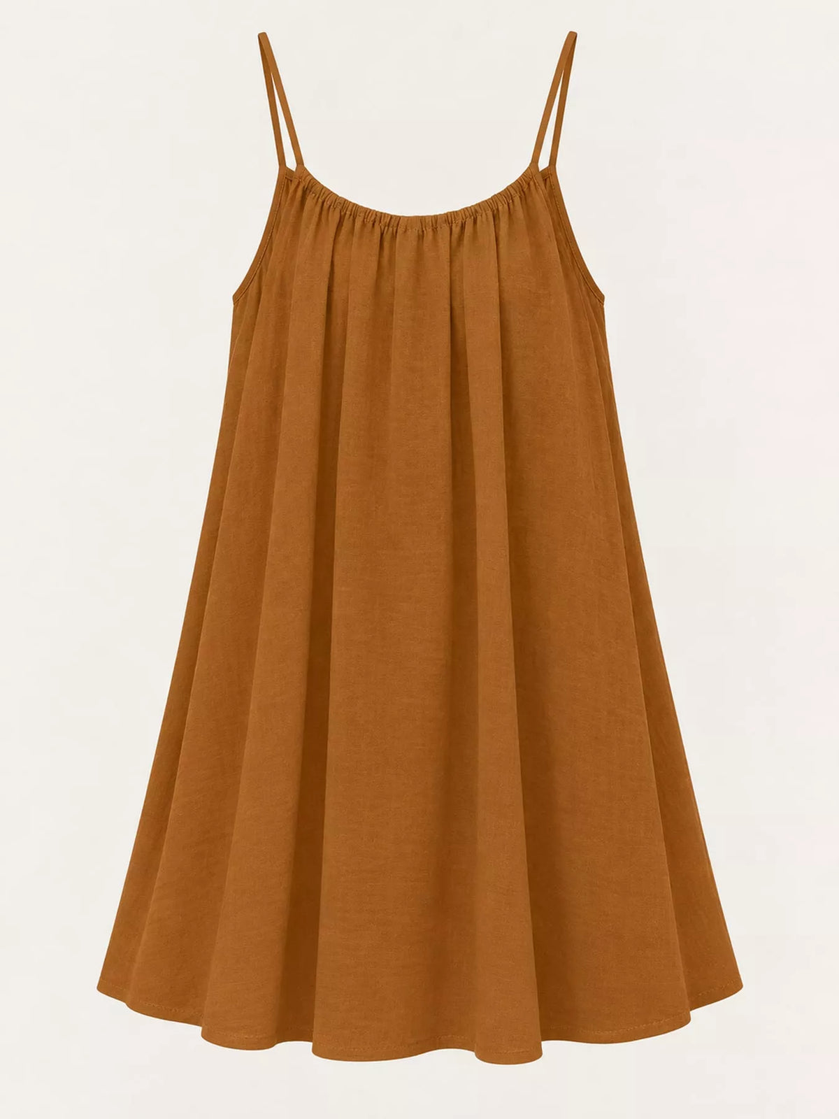 Backless spaghetti-strap ruched mini dress in rust-brown, ruched top and thin shoulder straps.