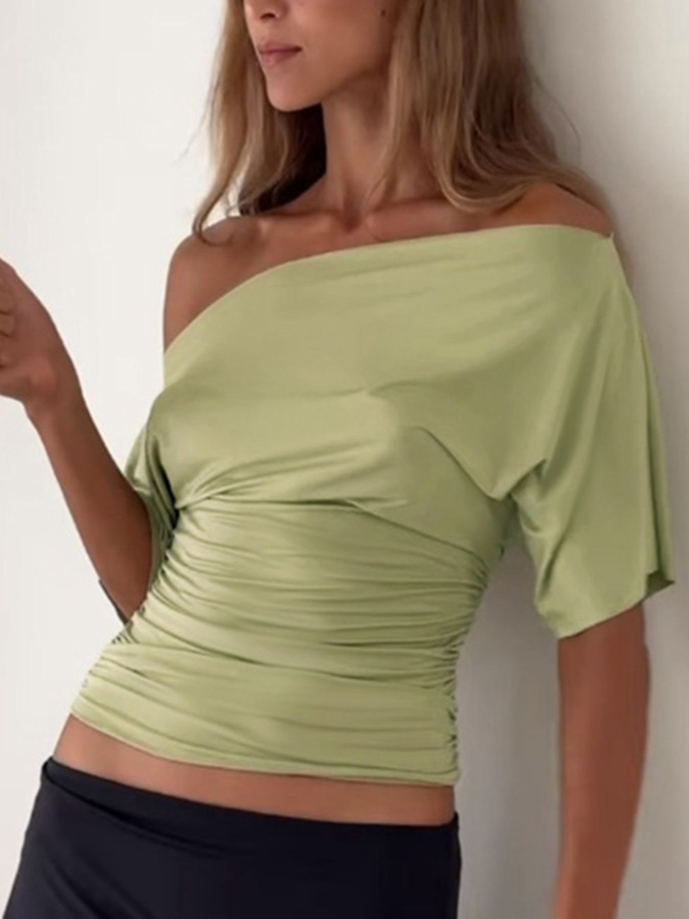 Cedar & Moore One Shoulder Short Sleeve T-Shirt in lime green, ruched off-shoulder top by Trendsi