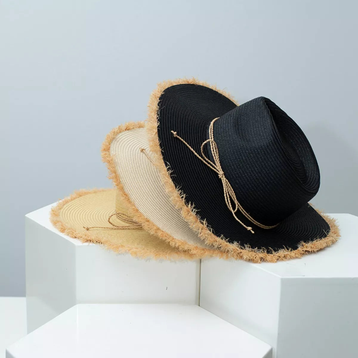 Cedar & Moore Frayed Brim Straw Hats, black and beige, straw, Trendsi