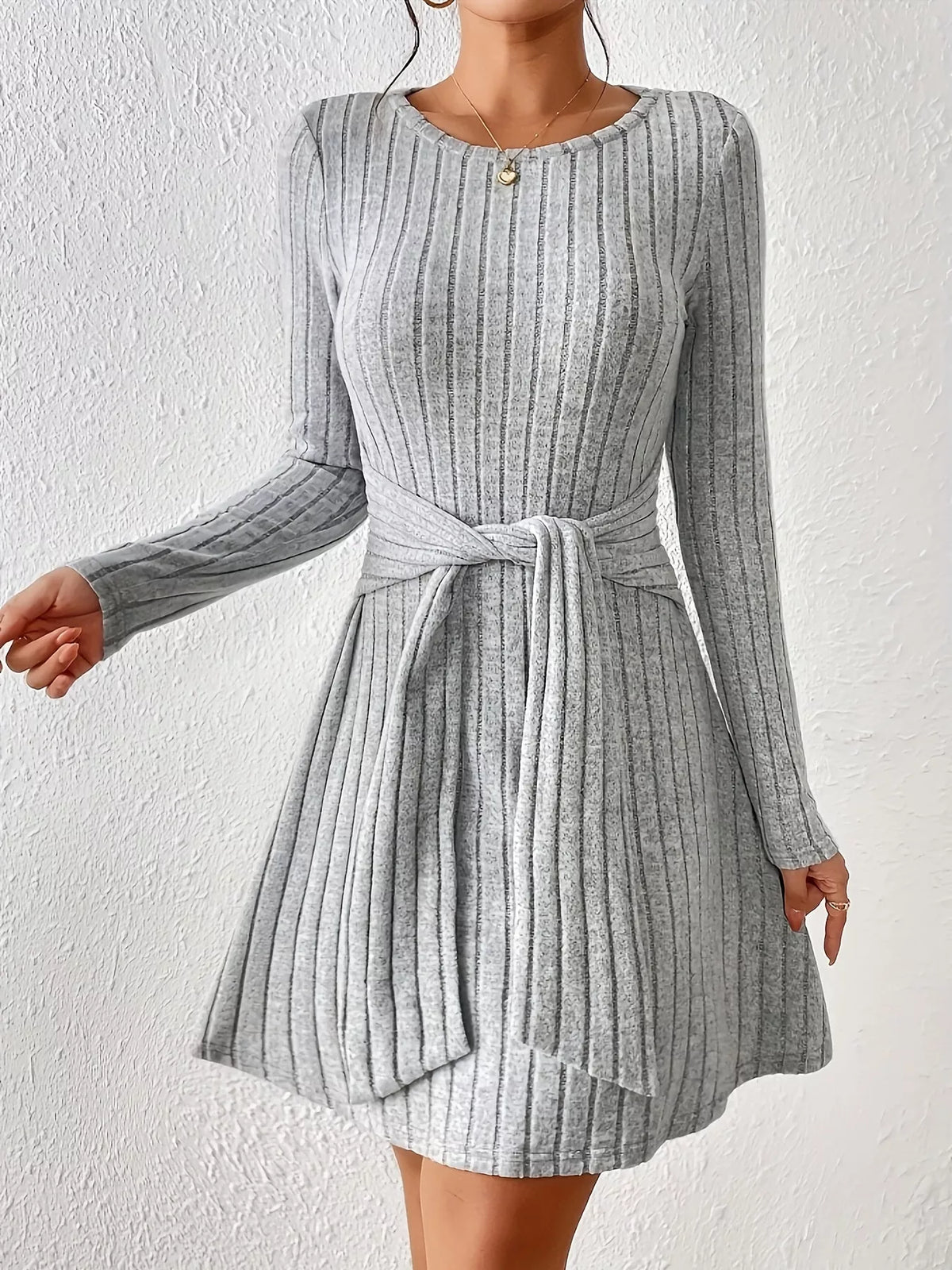 ribbed tie waist dress Jordana Long Sleeve Waist Tie Ribbed Midi Dress Beige