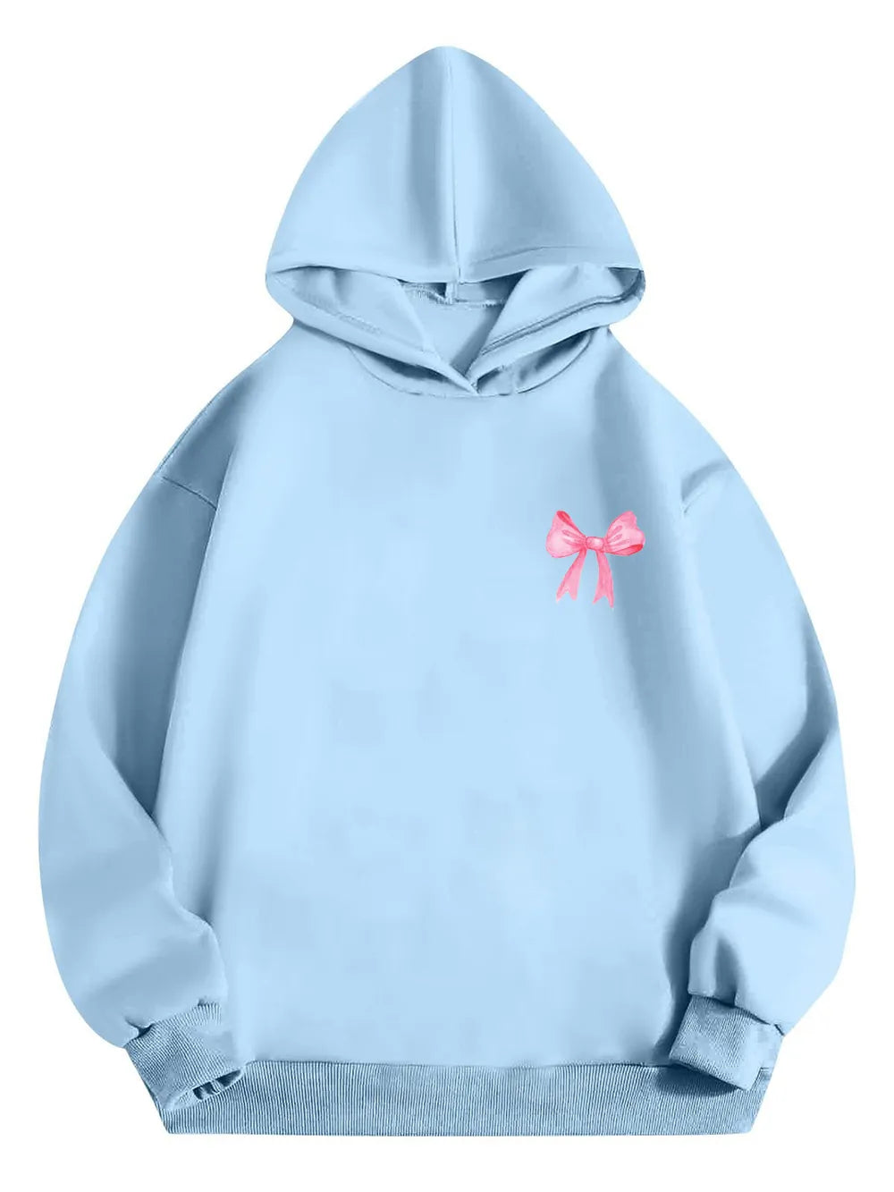 Light blue long sleeve hoodie with pink bow print at chest and hood