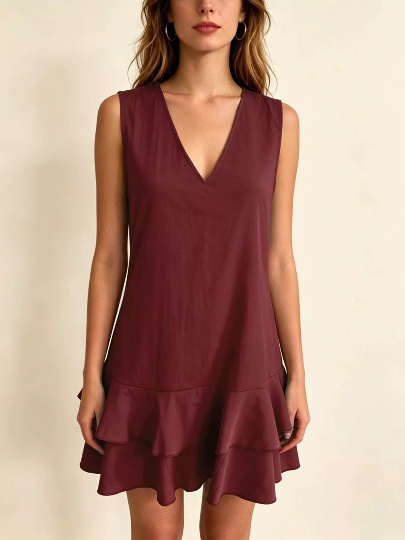 Plus-size sleeveless V-neck tiered ruffle mini dress, burgundy front