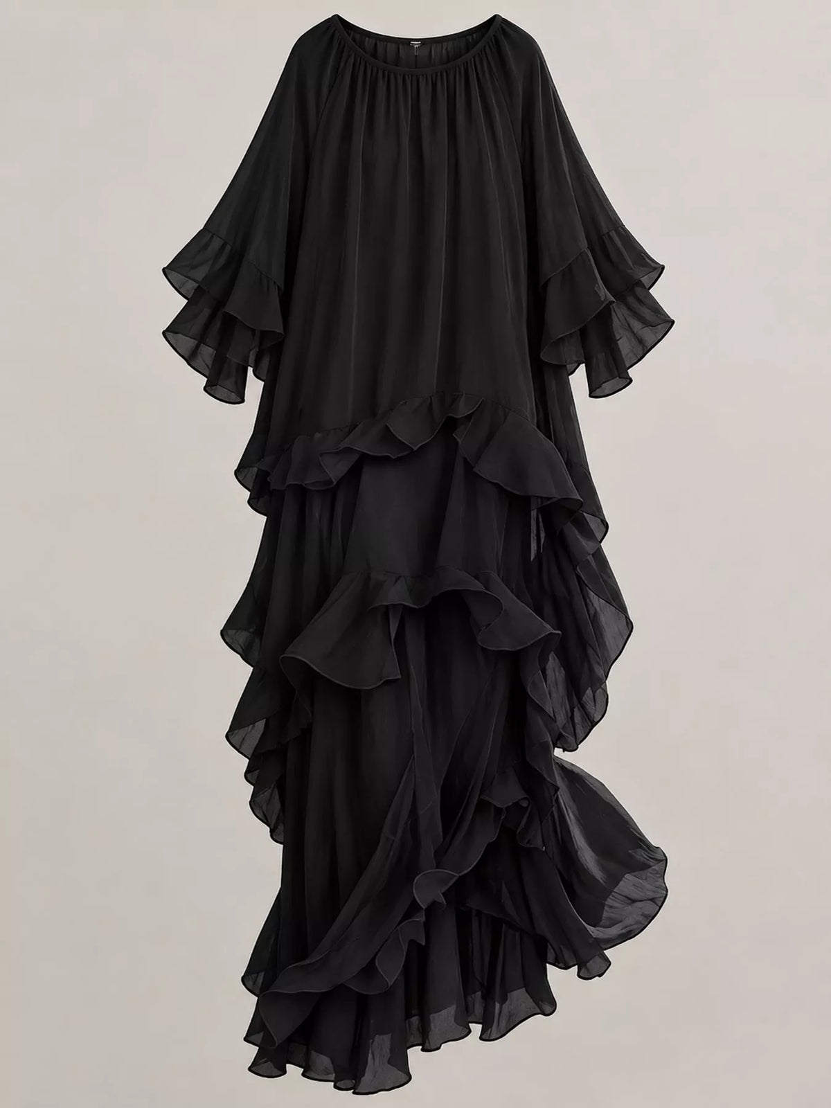 Black layered maxi dress with ruffled tiers and loose flutter sleeves
