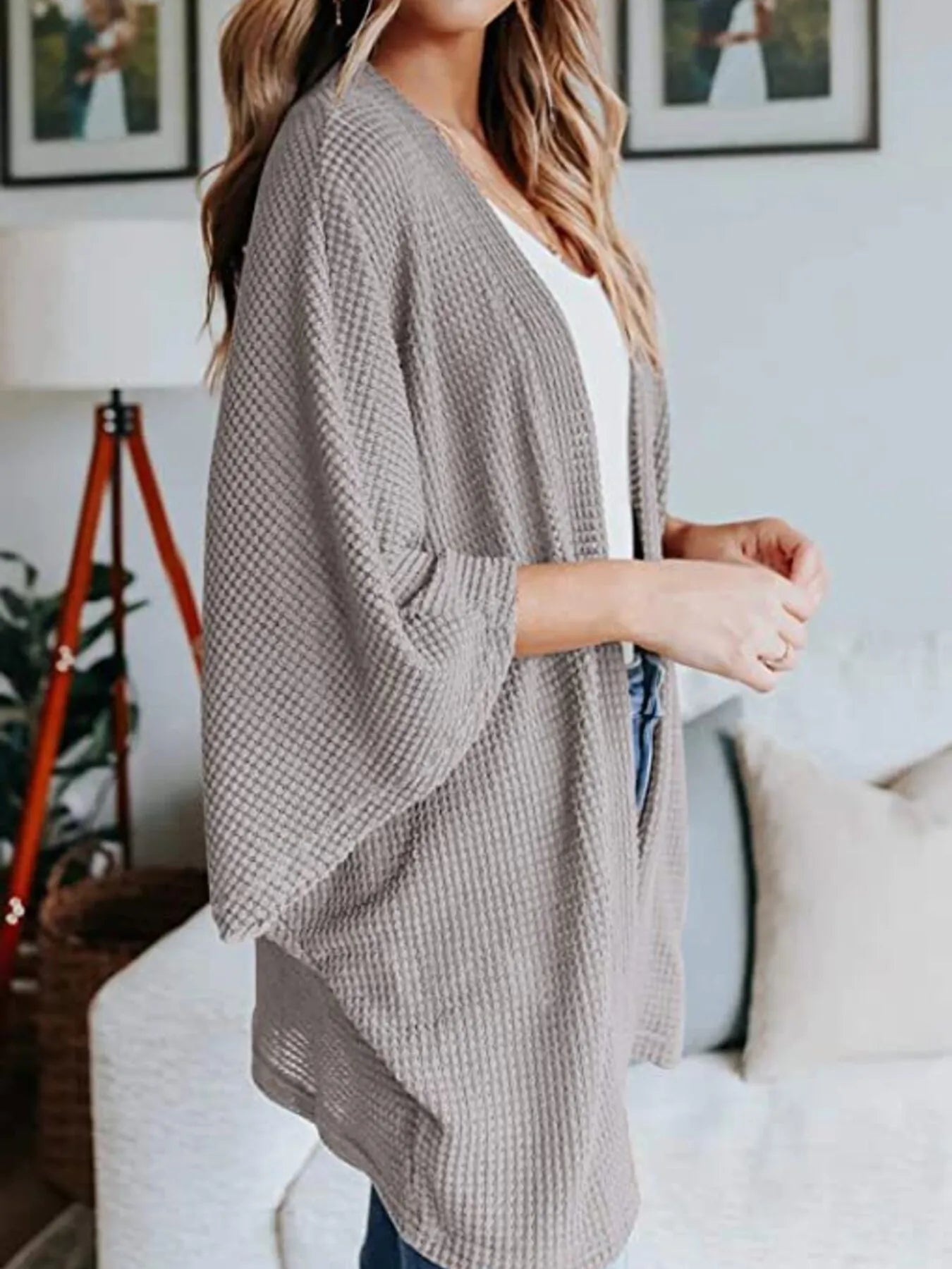 Open front waffle knit cardigan, heather grey, draped kimono sleeves, plus size