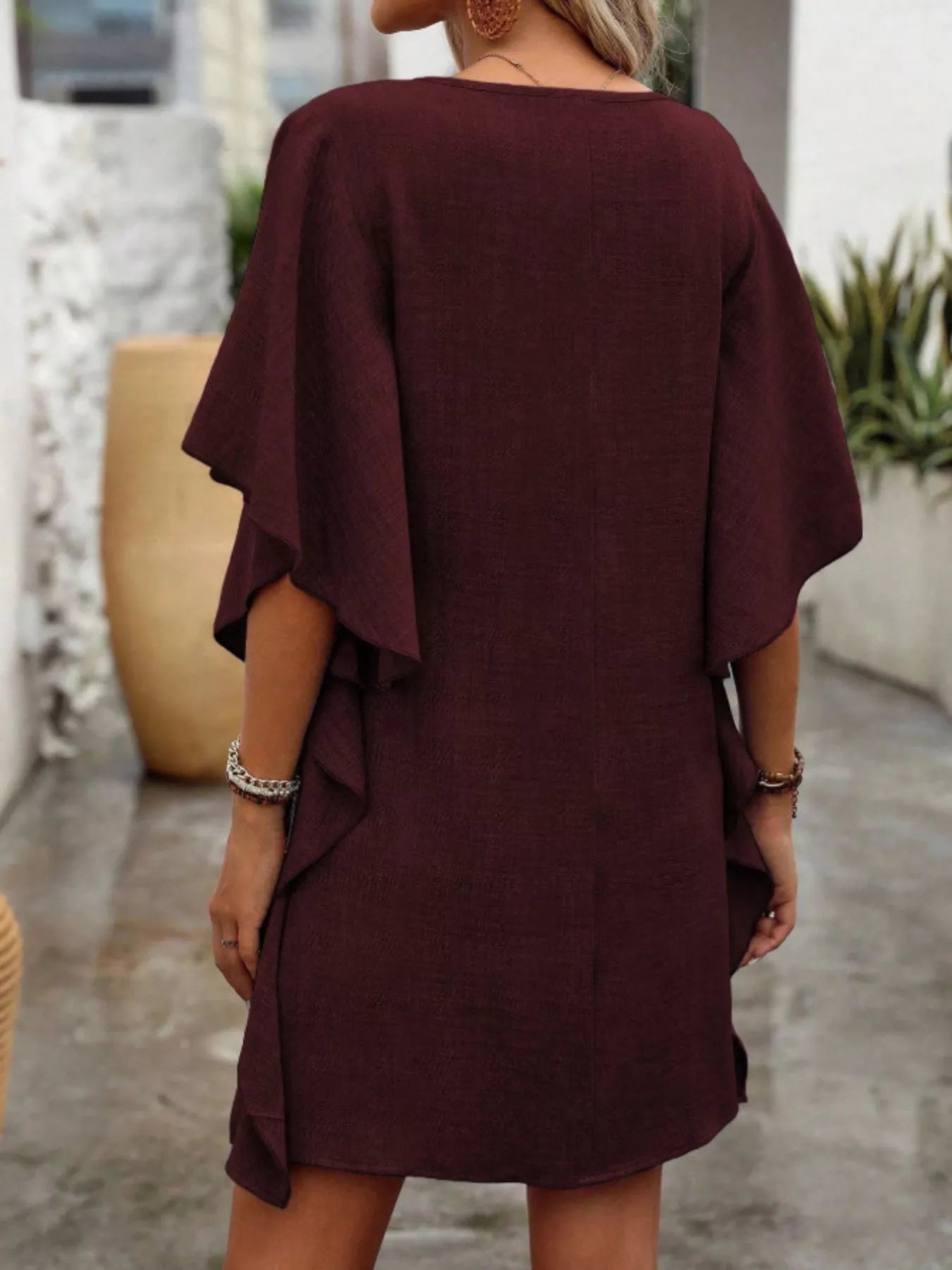 Cedar & Moore Flowy Sleeve V-Neck Casual Mini Dress, burgundy, back view with flutter sleeves