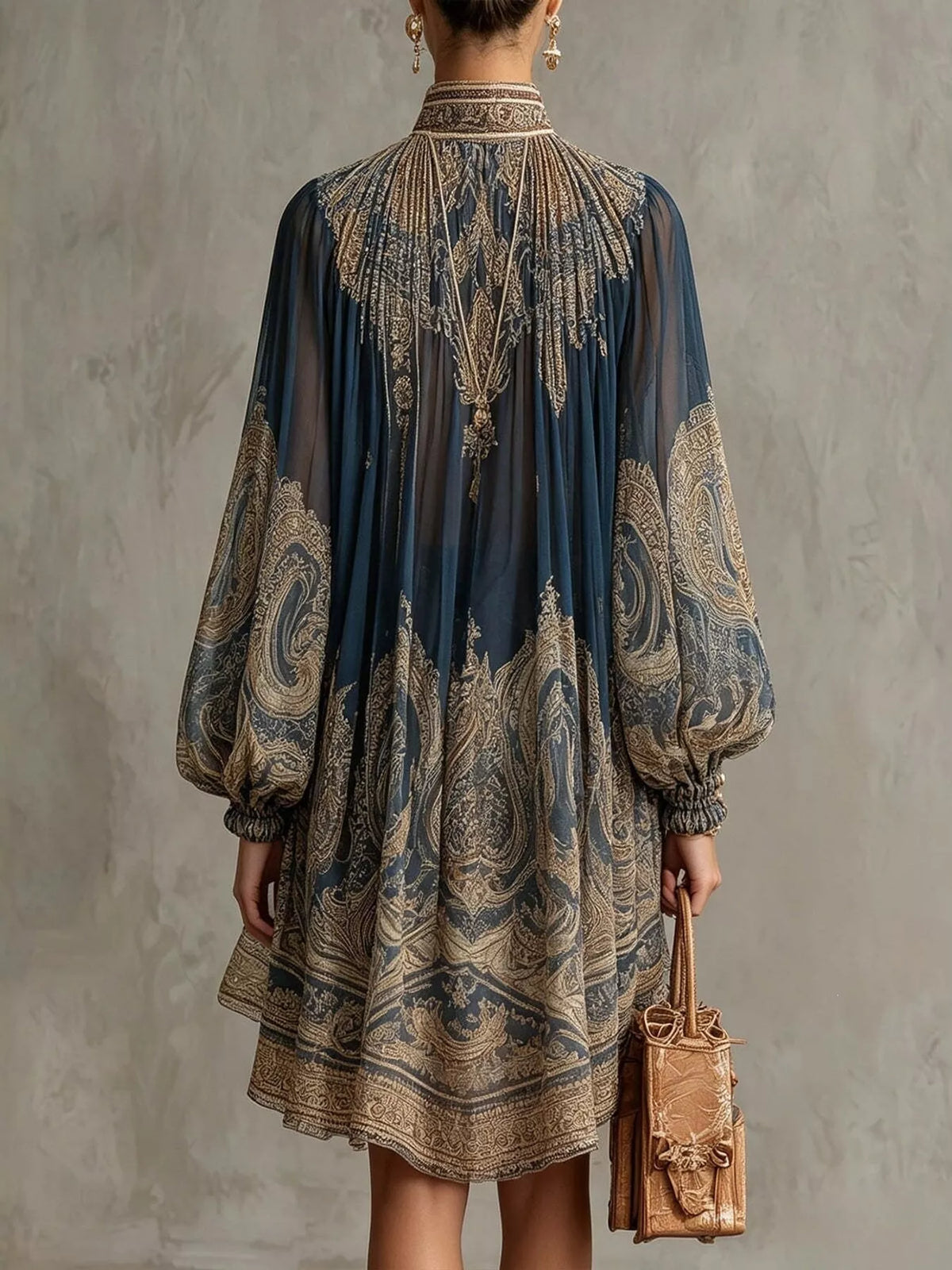 Navy paisley embroidered chiffon dress with back yoke and gathered sleeve cuffs
