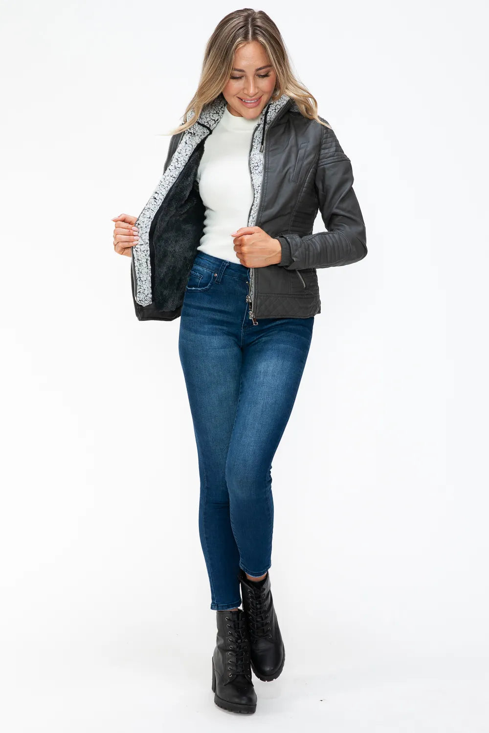 Charcoal double-zipper jacket with fuzzy hood lining, zipper front