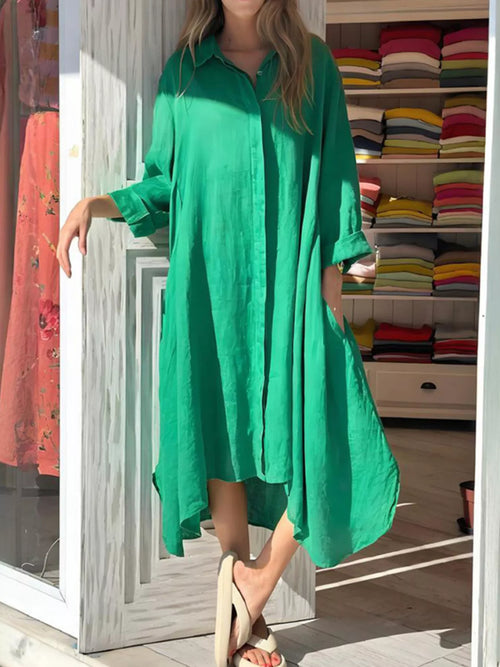 Green button-front long sleeve shirt dress with pointed collar, mid-calf length