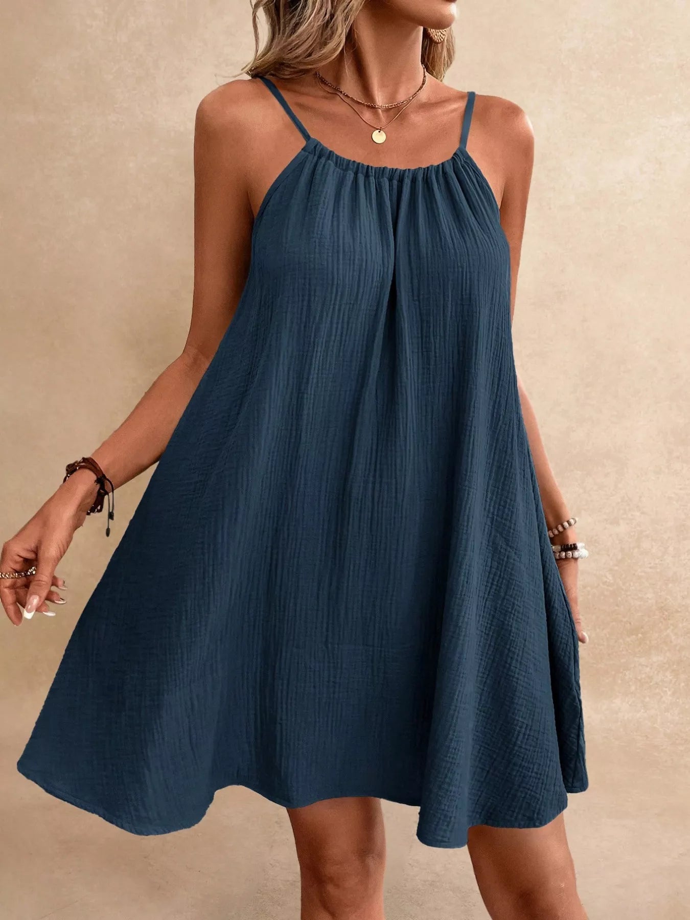 Cedar & Moore Casual loose spaghetti strap mini dress in teal, backless, by Trendsi