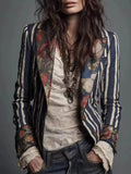 Slim fit striped blazer with floral trim, notched lapel, lace cuff accents