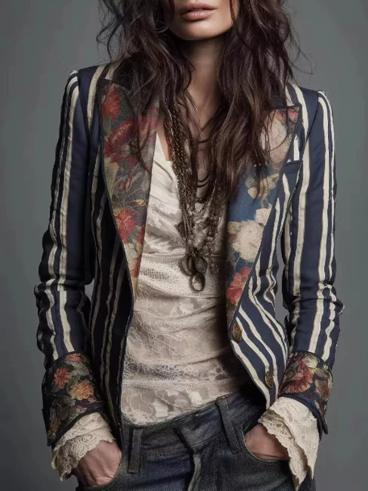 Slim fit striped blazer with floral trim, notched lapel, lace cuff accents