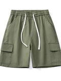 Men's lightweight drawstring casual shorts in military green, with two side pockets