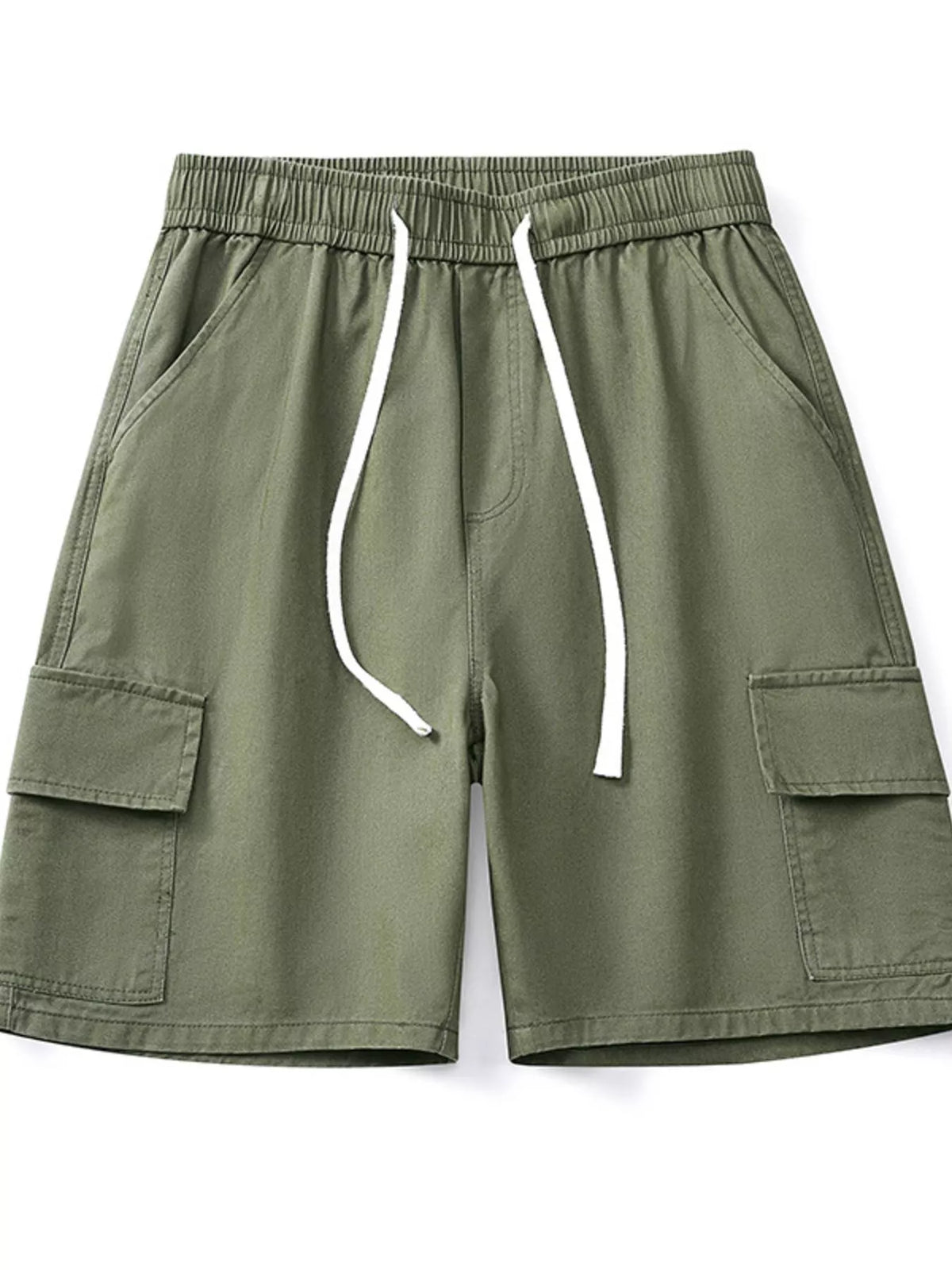 Men's lightweight drawstring casual shorts in military green, with two side pockets