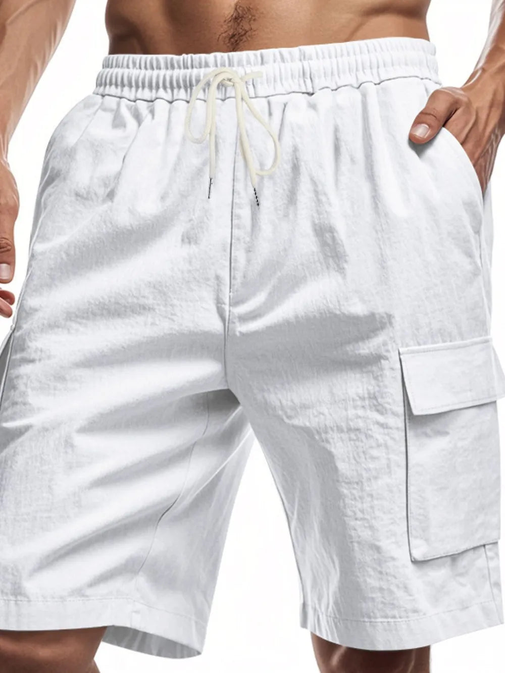 Men's white drawstring cargo shorts with elastic waistband and flap side pocket