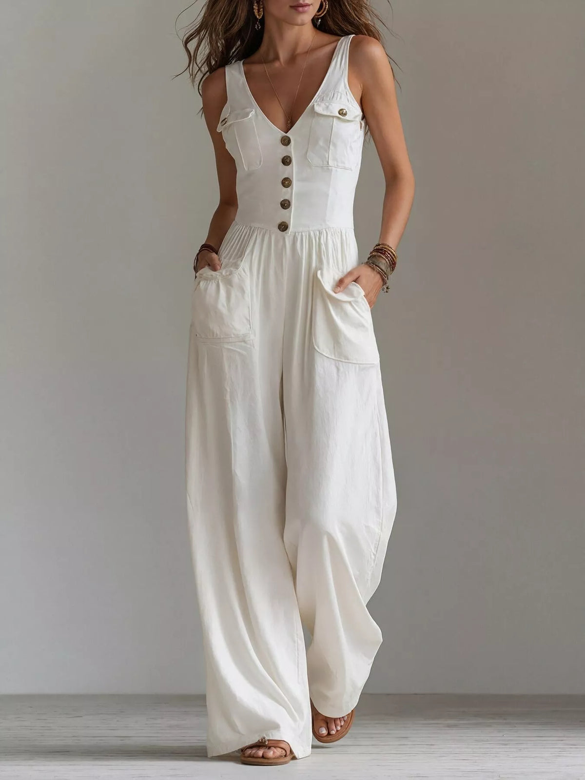 White sleeveless V-neck jumpsuit with button front and side pockets, wide legs