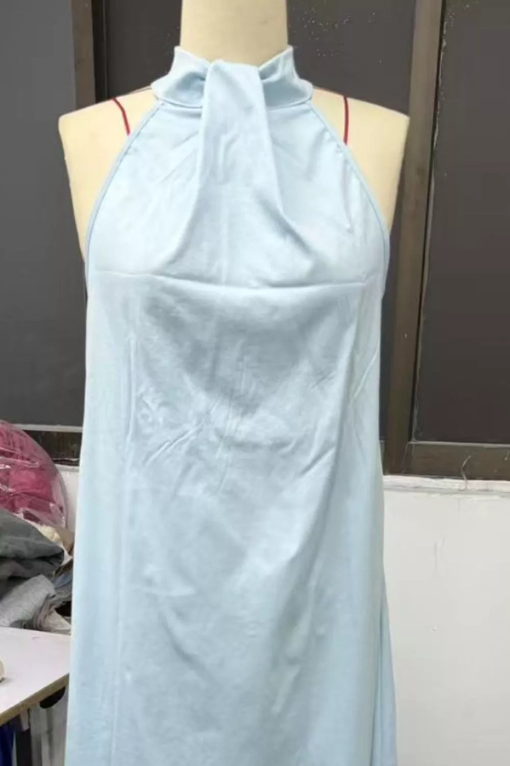 Cedar & Moore Halter Neck Sleeveless Maxi Dress in light blue with tie-neck detail, no slit