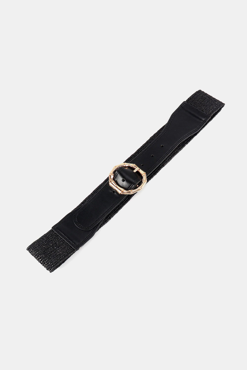 Black braided belt with round alloy buckle, strap end with stitching
