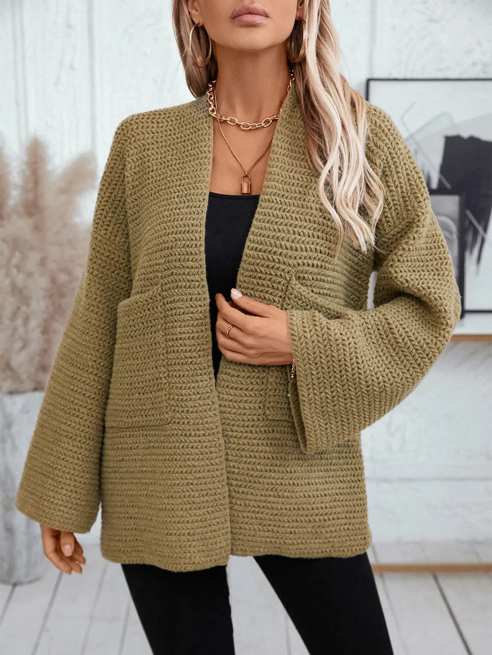 Moss open-front long sleeve cardigan with textured knit and relaxed fit