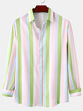 Men's striped long sleeve button-up shirt with button front, pastel green and pink stripes