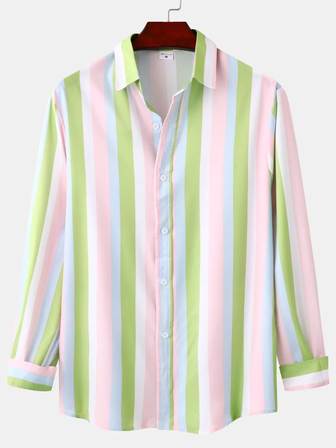 Men's striped long sleeve button-up shirt with button front, pastel green and pink stripes