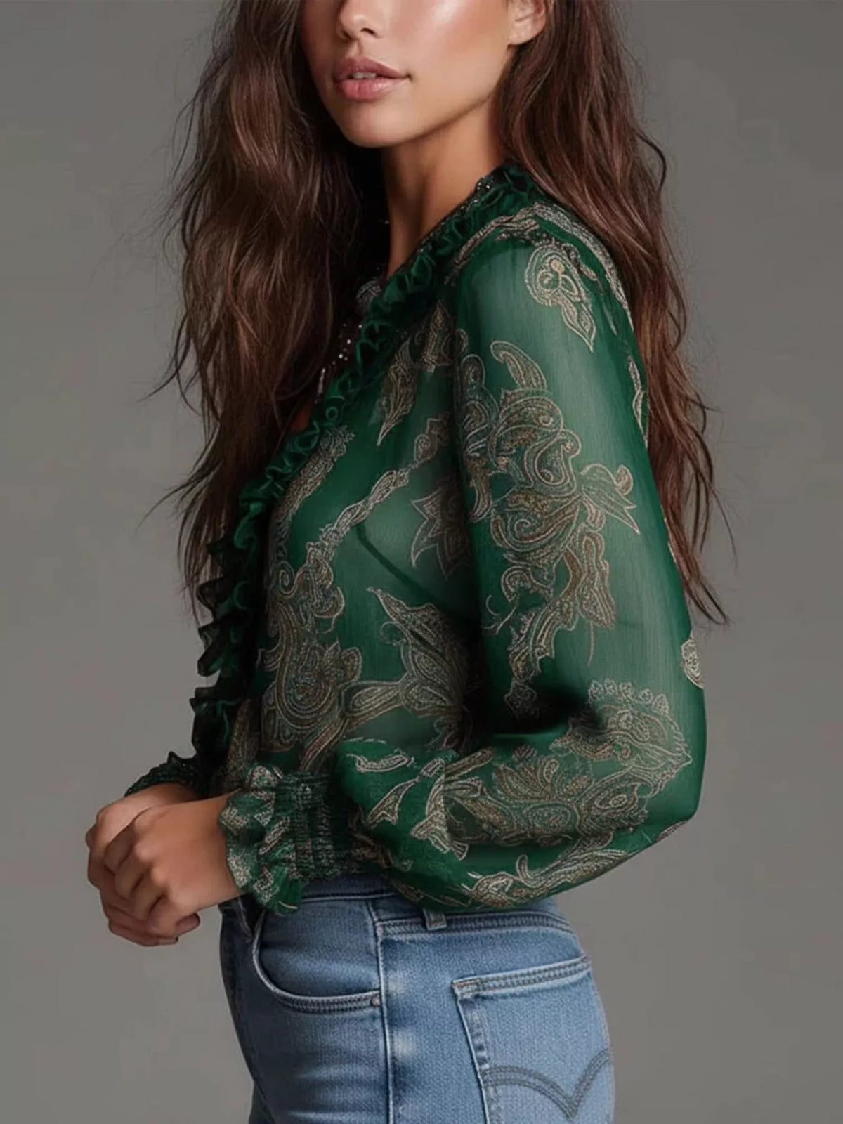Dark green paisley ruffle zip-front blouse with V-neck and decorative zipper front