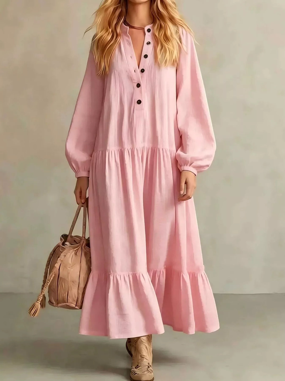 Pink tiered button-front maxi dress with long puff sleeves and V-neck placket