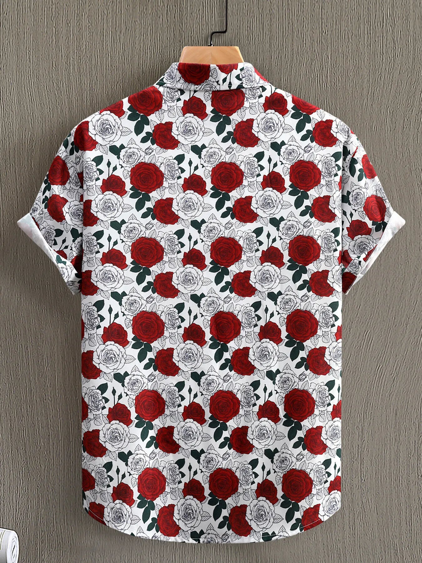 Men's rose print short sleeve button-up shirt, white base with red roses and green leaves, back