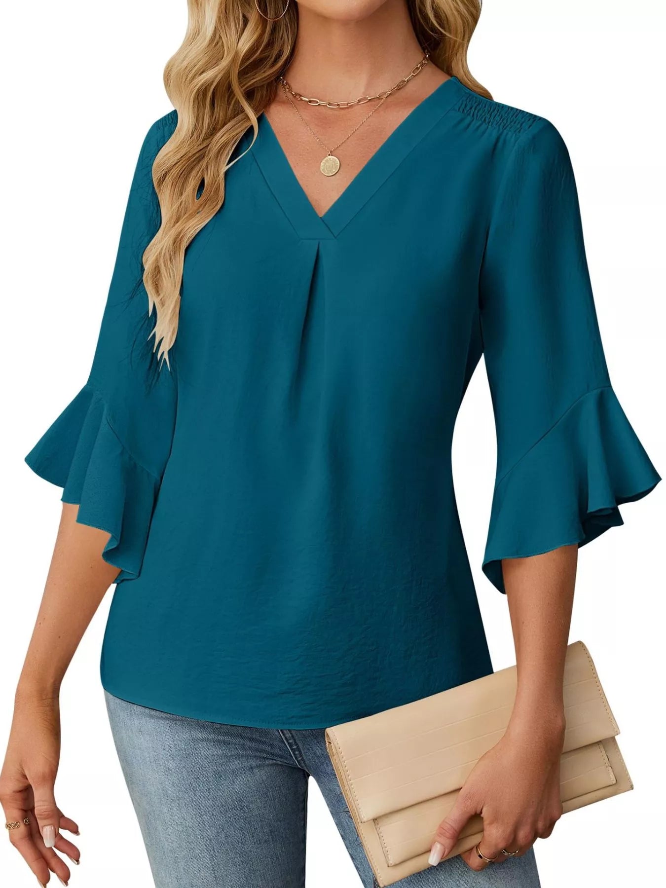 V-Neck Ruffle Sleeve Blouse in teal by Trendsi, versatile everyday top