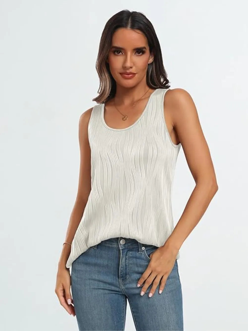 White wide-strap tank top with round neckline and draped ribbed body