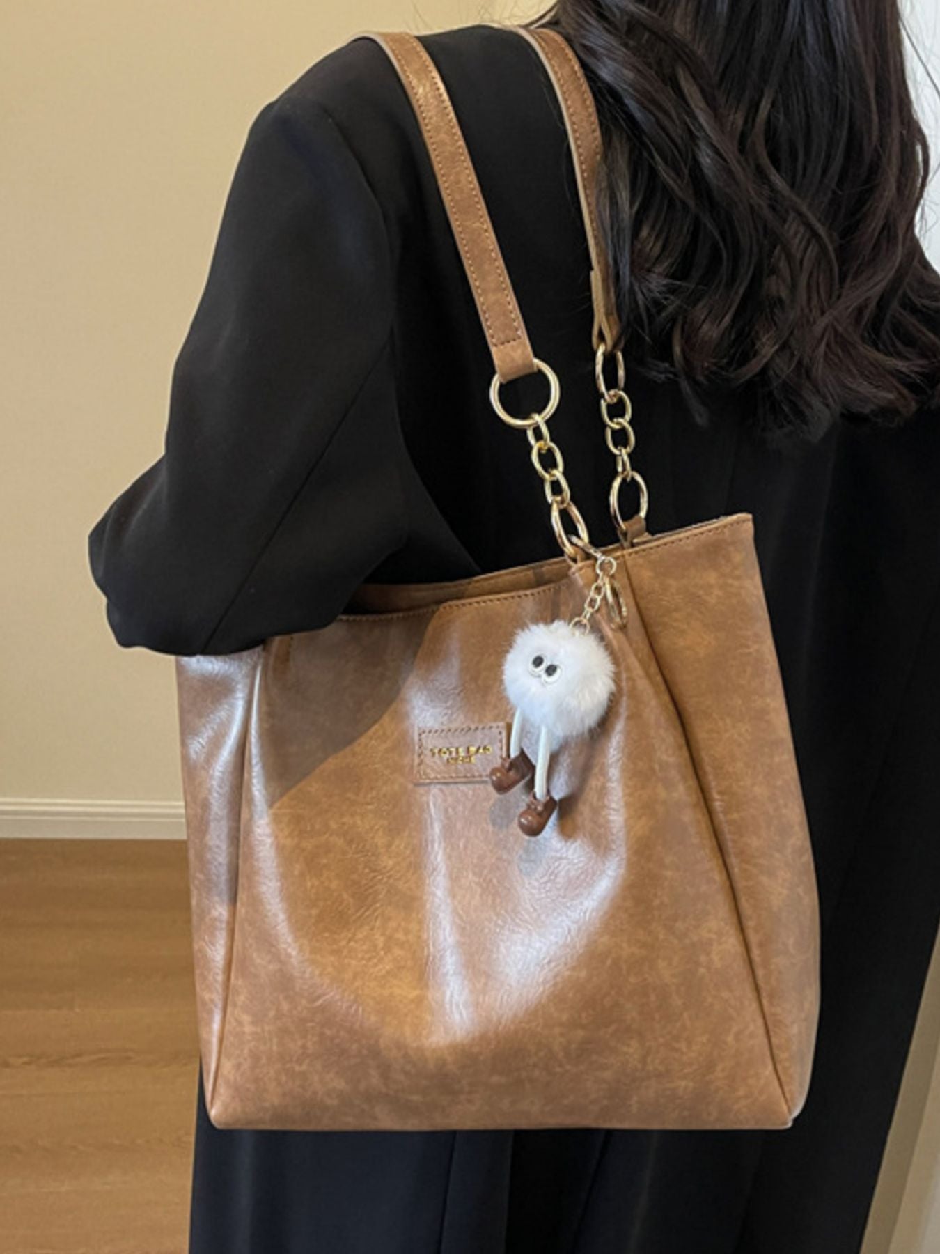 Chain Decor Leather Shoulder Bag by Trendsi, large tan PU with gold chain straps