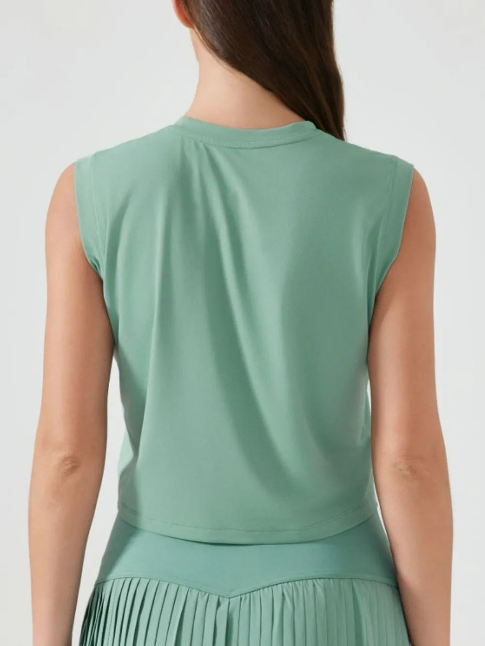 Millennia cropped active tank, sleeveless with round neck, teal green (back view).