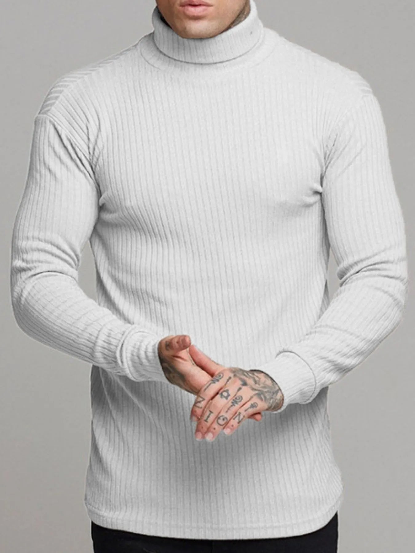 Ribbed turtleneck sweater in white, long sleeves, textured knit