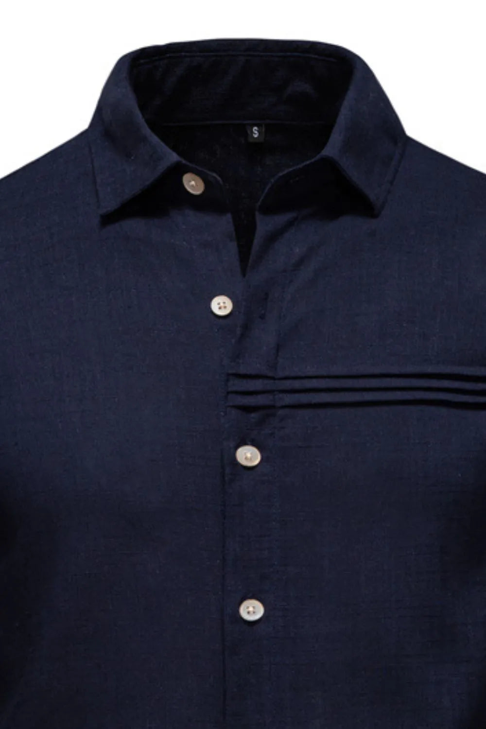 Men's button down shirt, navy collared front with button placket and chest pocket stripe