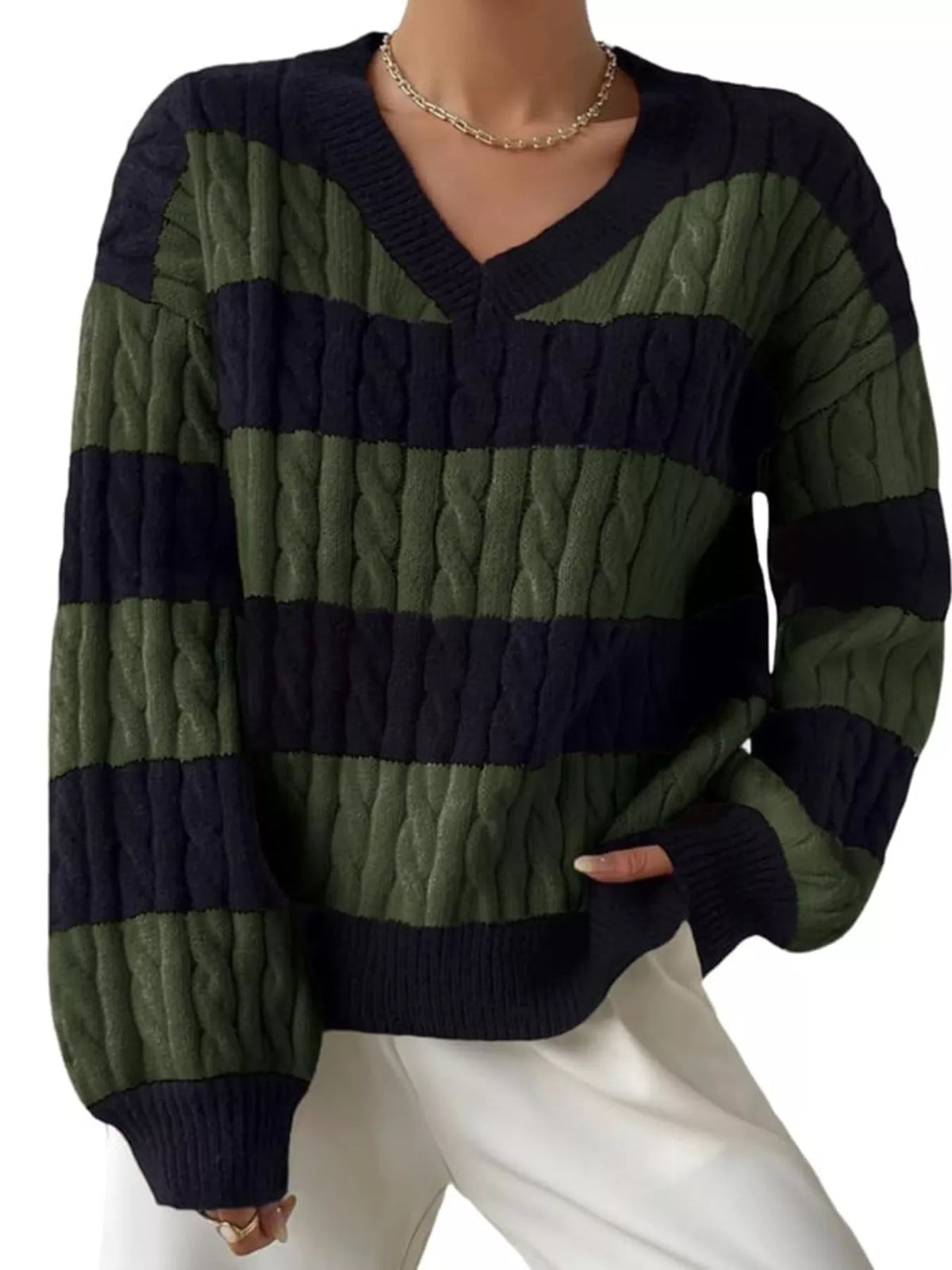 V-neck cable-knit striped sweater in navy and olive green