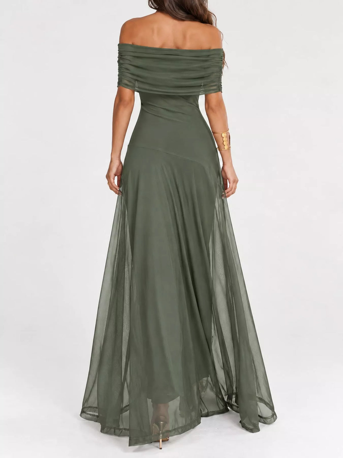 Army green off-shoulder ruched sheer mesh maxi dress with off-shoulder neckline and maxi flare