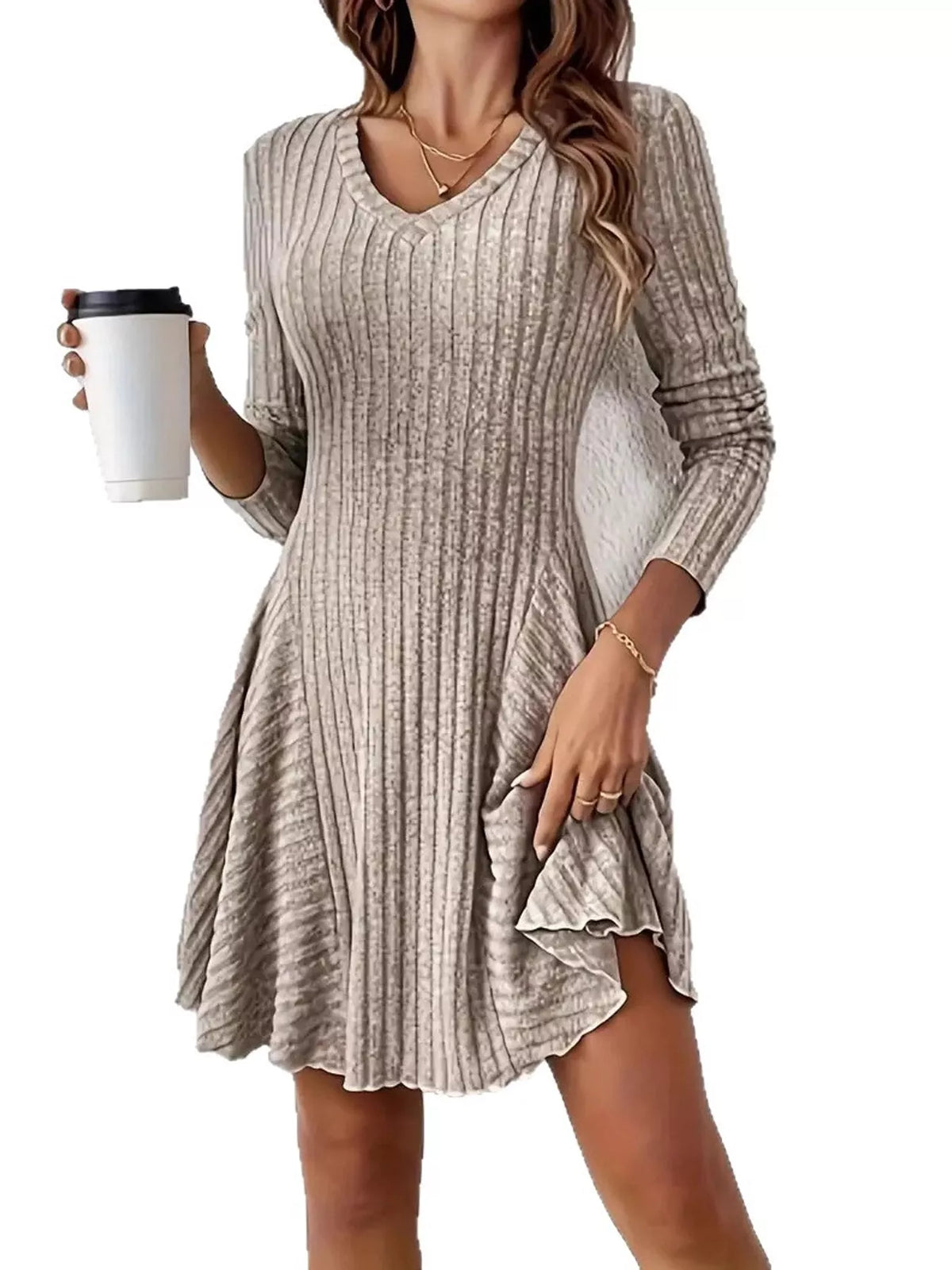 Heather gray ribbed knit A-line dress with V-neck and long sleeves