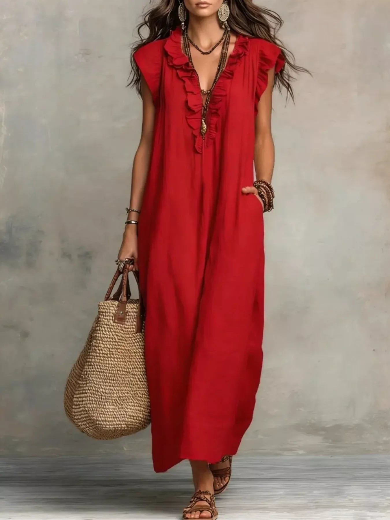 Red ruffled V-neck maxi dress with short flutter sleeves and embroidered front