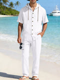 Mens linen hooded button-up short-sleeve top and pants set, white
