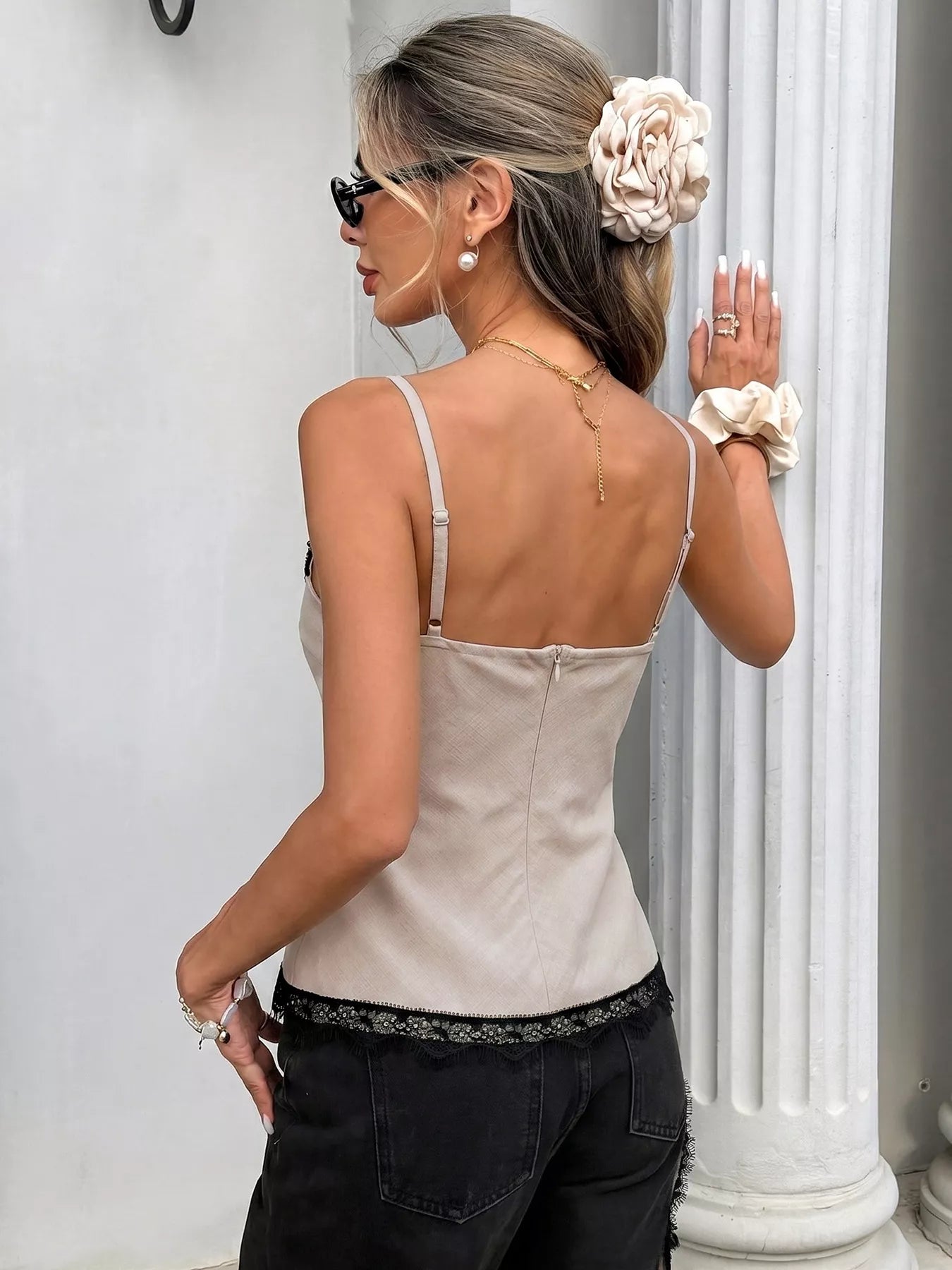 Cedar & Moore beige lace-trim twist-front cami with adjustable straps, back view