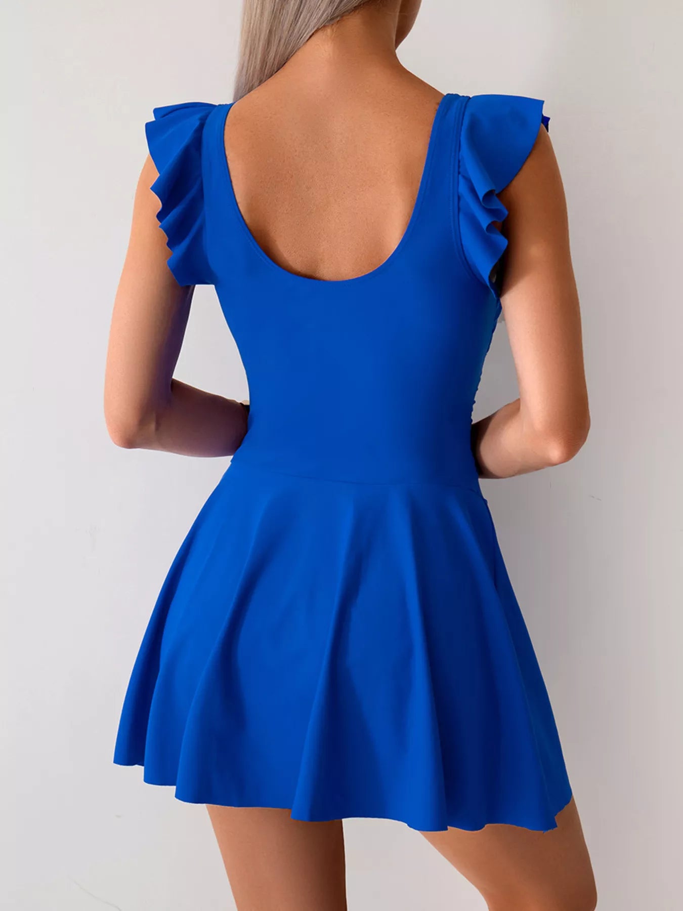 Ruffled Sleeve One-Piece Swim Dress in cobalt blue with a scoop back