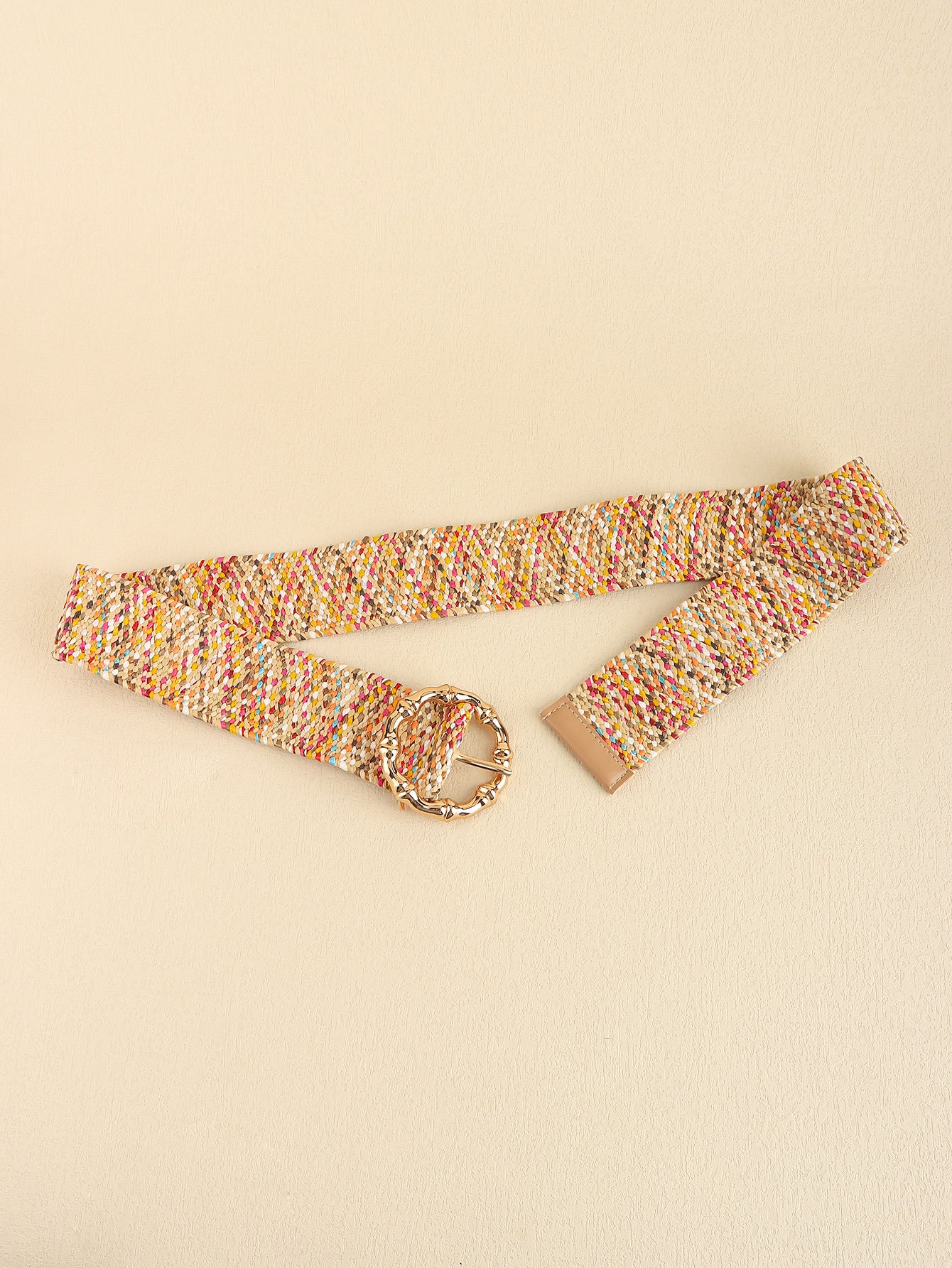 Multicolored wide belt with woven texture and gold-toned ring buckle